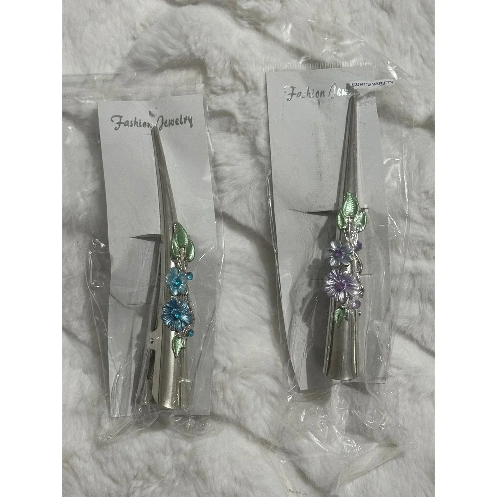 2 PC Set Floral Enamel‎ Alligator Hair Clips Rhinestone Blue Purple Silver Tone